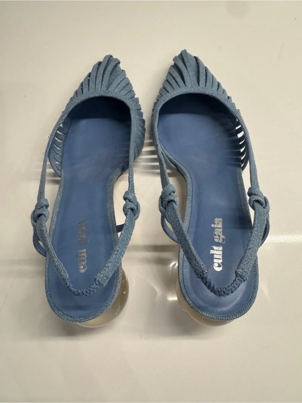 cult gaia Alia blue denim pleated slingback pointed-toe heels size 38.5 Lake